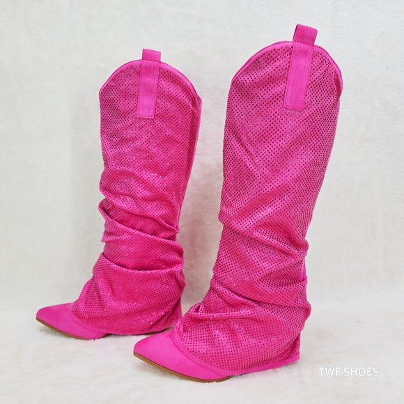 Mata Shoes Shoes - Country Twist Fuchsia Draped Rhinestone Fold Over Western Cowgirl Boots